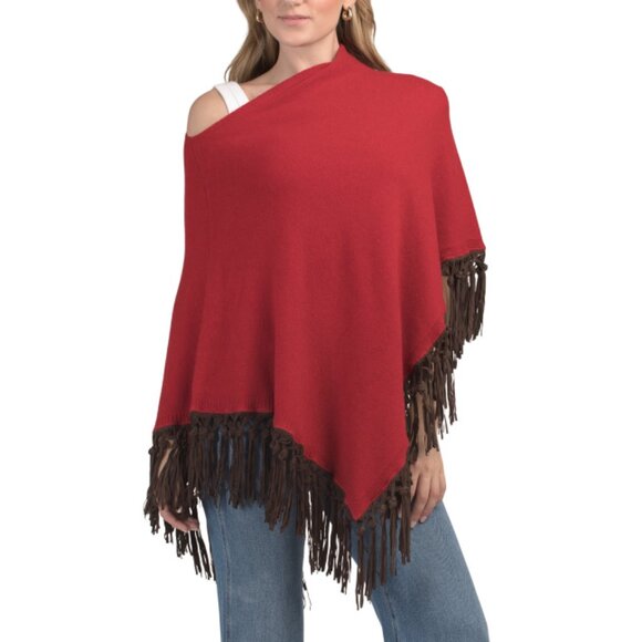 TESMA Rosso Made In Italy Cashmere And Wool Blend Poncho With Suede Fringe - Picture 1 of 2